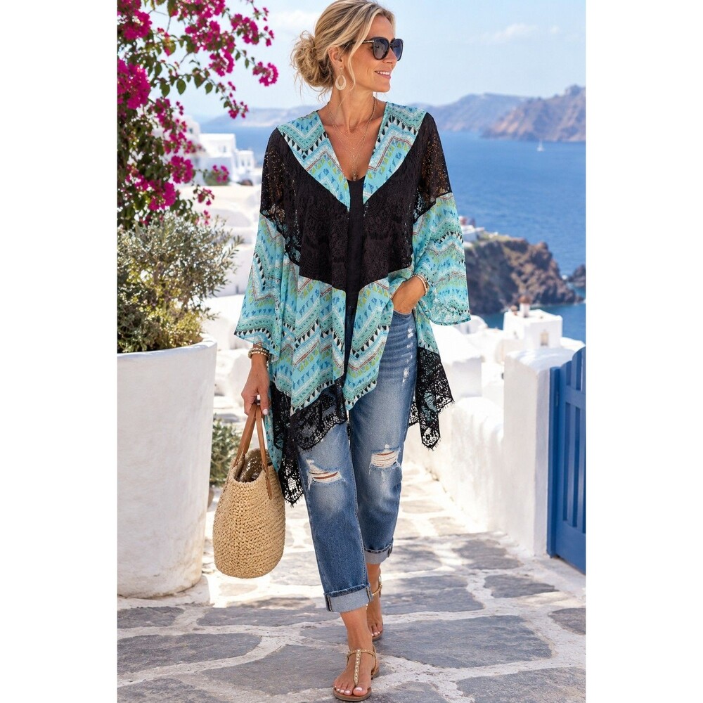 Ryu Kimono Cardigan Women 2X Aqua Black Lace Geometric Boho Whimsigoth Sheer New